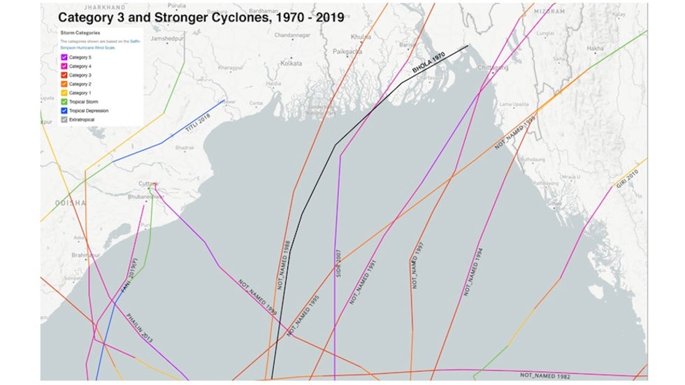 Tracks of all tropical cyclones of category 3 or stronger on the Saffir-Simpson scale to affect the northern Bay of Bengal since 1970