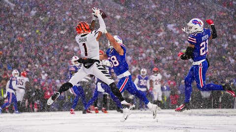 ORCHARD PARK, NY - JANUARY 22: Ja'Marr Chase #1 of the Cincinnati Bengals elevates for the touchdown catch against the Buffalo Bills at Highmark Stadium on January 22, 2023 in Orchard Park, New York. (Photo by Cooper Neill/Getty Images)