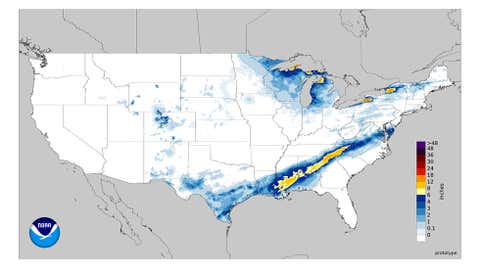 Estimated 48-hour snowfall ending 6 a.m. CST, Dec. 9, 2017, from Winter Storm Benji in the South.