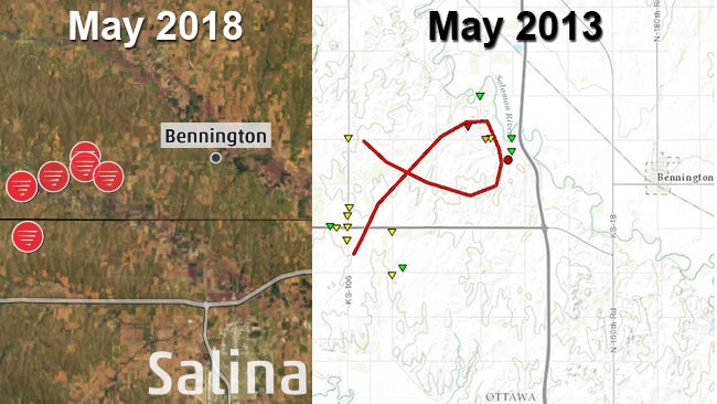 Left: Preliminary tornado reports near Bennington, Kansas, on May 1, 2018. Right: The path of a tornado near Bennington, Kansas, on May 28, 2013. (Credits: NOAA/NWS)
