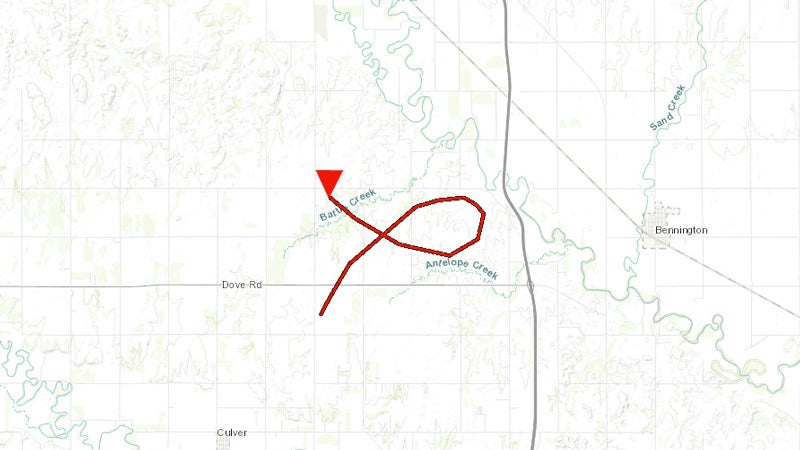 The strange path of the May 28, 2013, tornado near Bennington, Kansas. The red triangle shows where the tornado began.