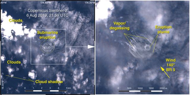 Bilder des ESA-Satelliten Copernicus Sentinel-2 mit eindeutigen Spuren einer Unterwassererption an der Wasseroberfl&auml;che. Foto: ESA