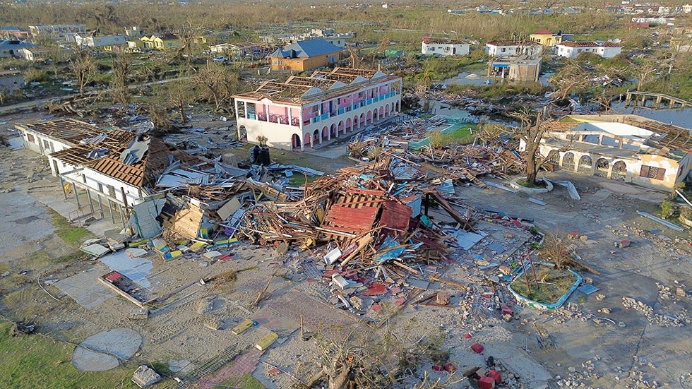 BLACK RIVER, ST. ELIZABETH, JAMAICA: An aerial view of destroyed buildings after the passage of Hurricane Melissa in Black River on Wednesday, October 29, 2025.(Photo by RICARDO MAKYN/AFP via Getty Images)