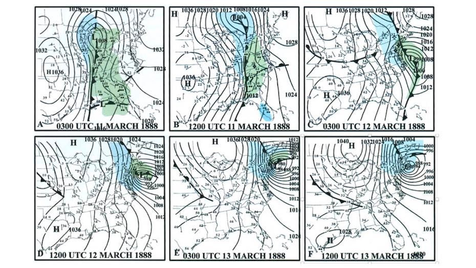 Synoptic maps for March 11-13, 1888, showing the evolution of the Blizzard of 88