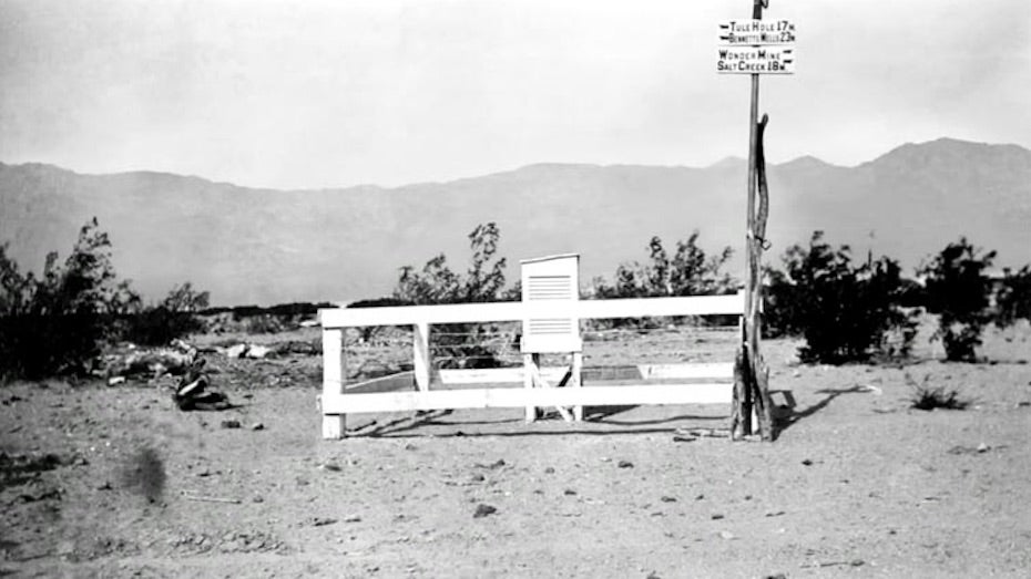 Instrument shelter at Greenland Ranch in Death Valley, circa 1915-1920