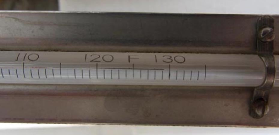 Photo of Death Valley thermometer reading of 129.2°F from 6/30/13