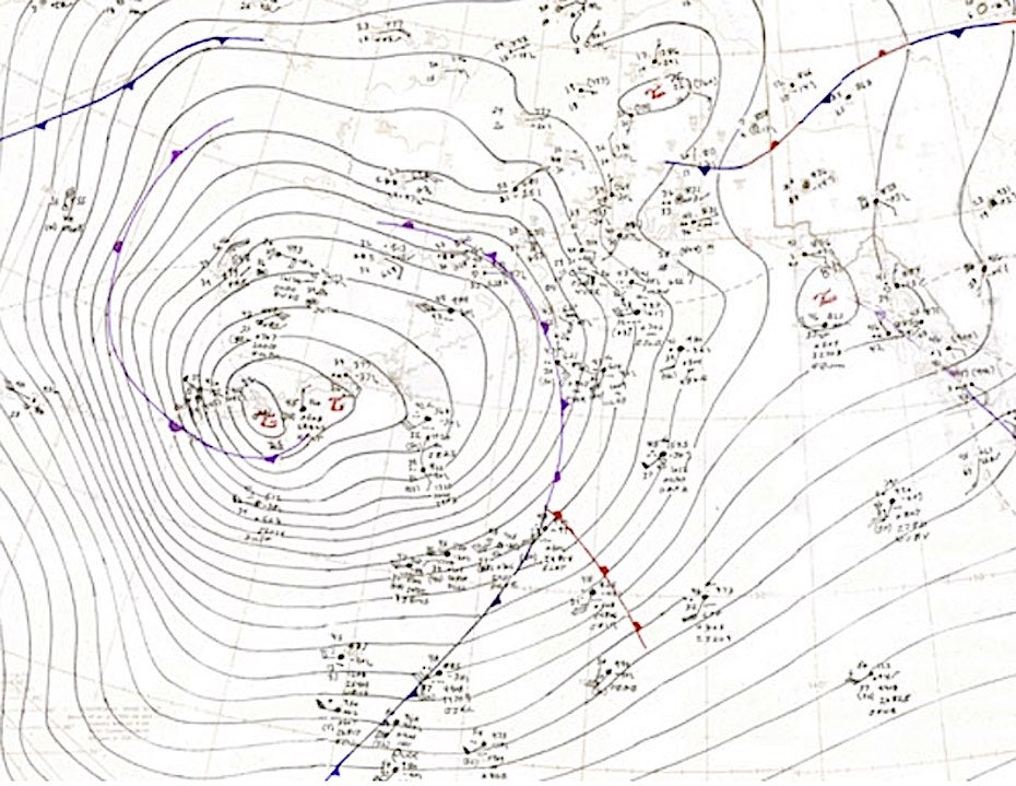 A portion of a hand drawn map showing the center of the super anticyclone of 10/25/77 moving over the Aleutian Islands of Alaska.