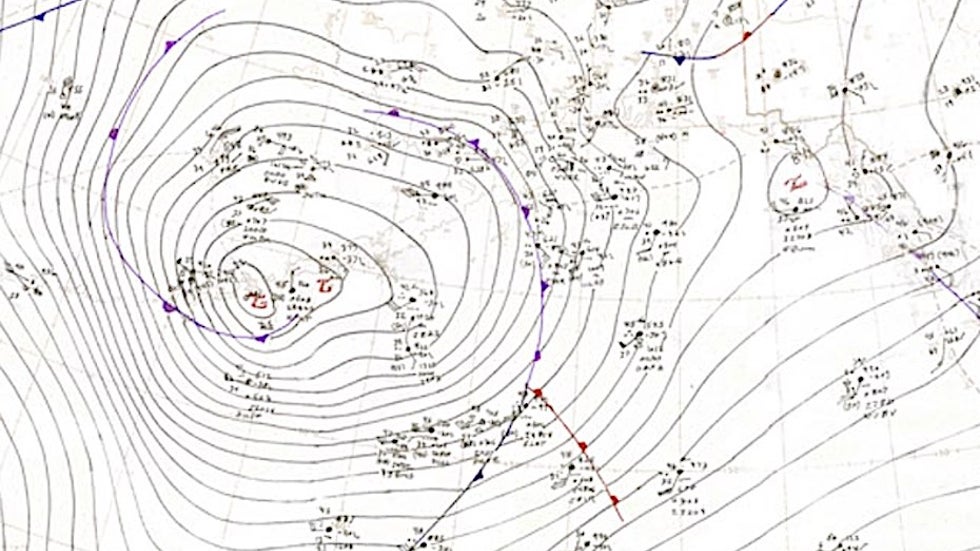 A portion of a hand drawn map showing the center of the super anticyclone of 10/25/77 moving over the Aleutian Islands of Alaska.