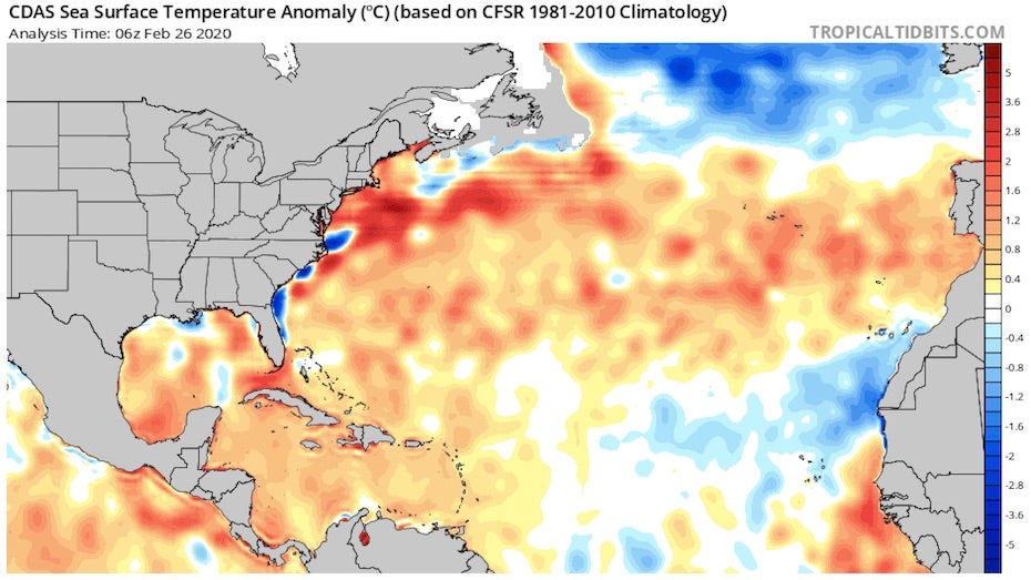 Departure from average SST in the Atlantic, Feb. 26, 2020