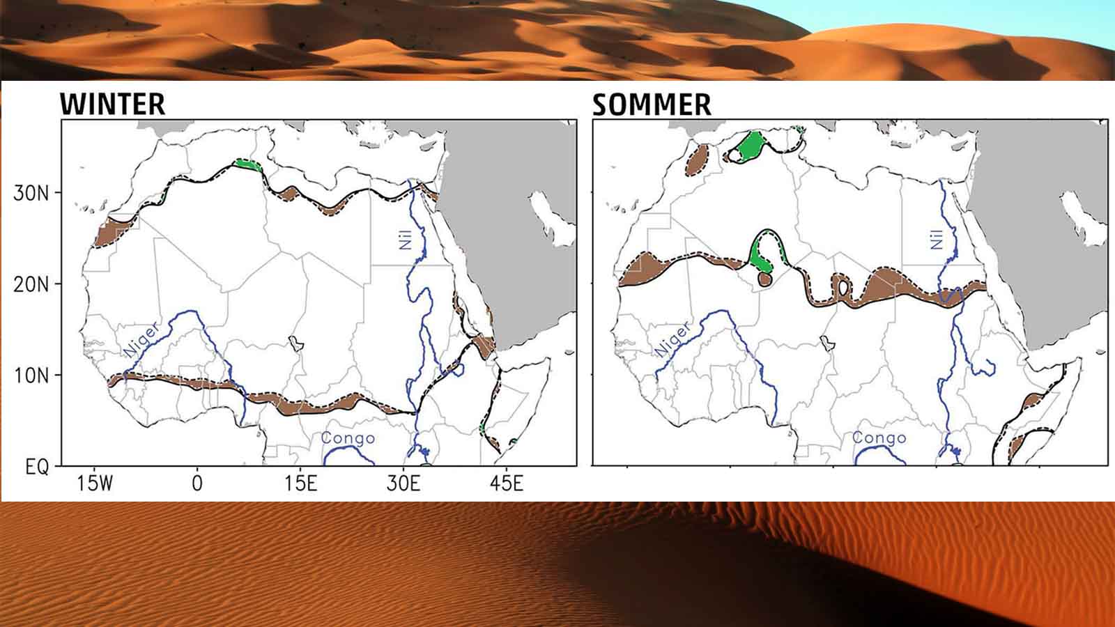 Wachstum von 1920 bis 2013: Die gestrichelten Linien zeigen die W&uuml;stengrenze im Jahr 1920, die durchgehende im Jahr 2013. Braune Fl&auml;chen stellen die Ausdehnung der W&uuml;ste dar, gr&uuml;ne Fl&auml;chen zeigen den R&uuml;ckzug der W&uuml;ste.  