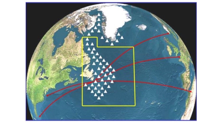 Common iceberg locations atop major North Atlantic shipping lanes