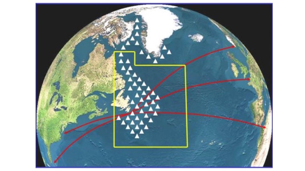 Common iceberg locations atop major North Atlantic shipping lanes