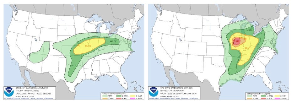 SPC convective risk areas for 3/27/20 and 3/28/20 as of midday 3/27/20