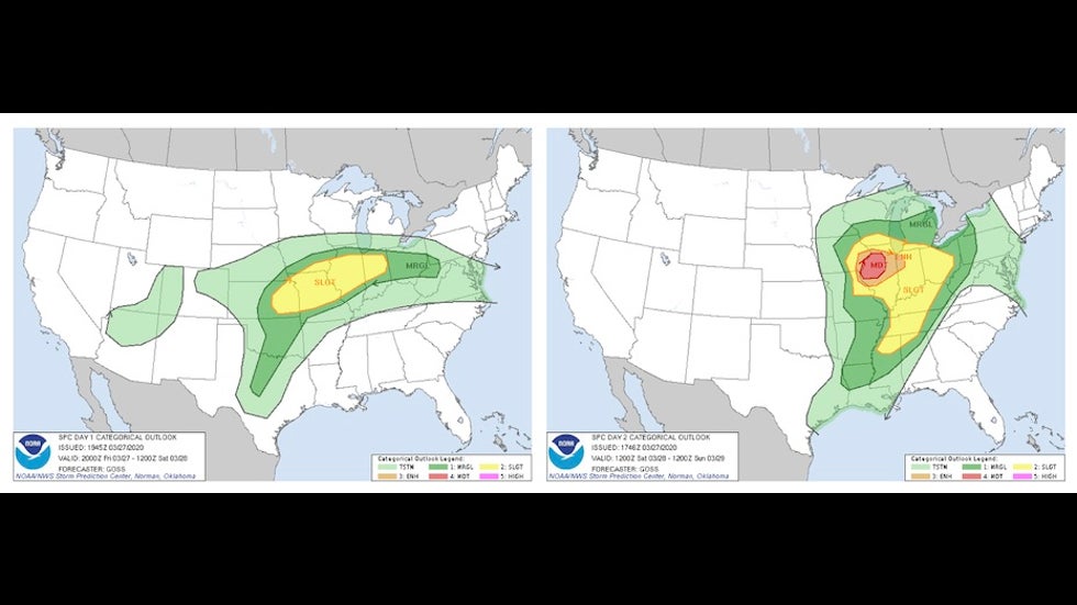 SPC convective risk areas for 3/27/20 and 3/28/20 as of midday 3/27/20