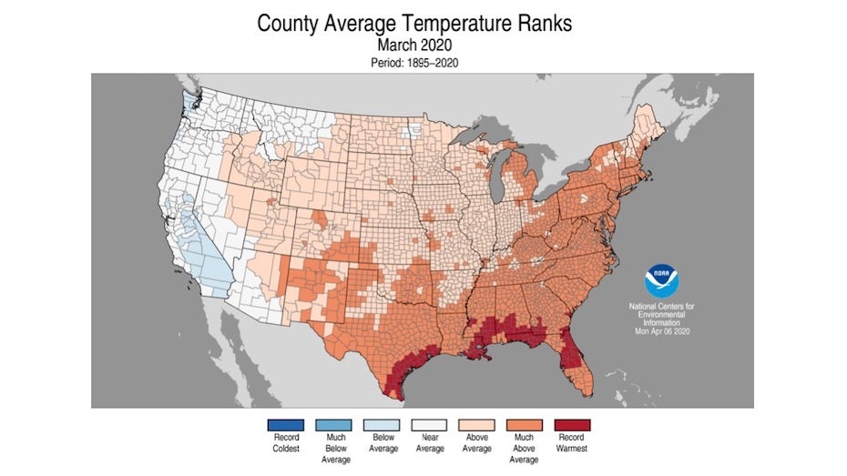 County-by-county rankings for average U.S. temperature in March 2020