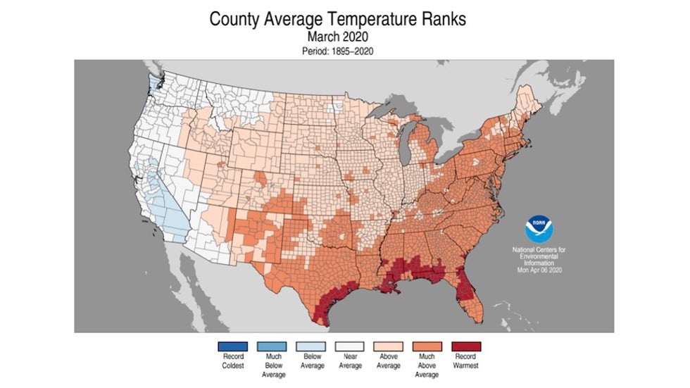 County-by-county rankings for average U.S. temperature in March 2020