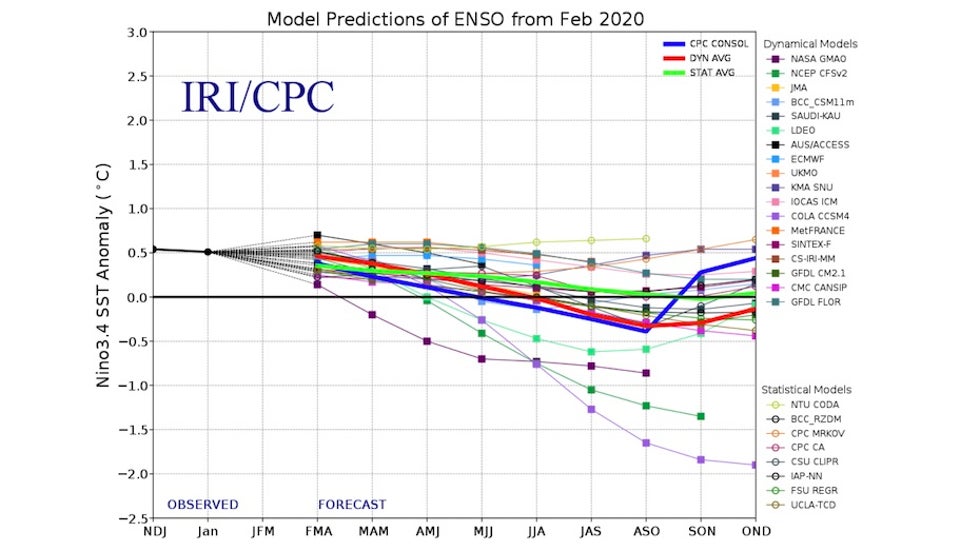 CPC/IRI monthly summary of model forecasts for ENSO conditions, Feb. 2020