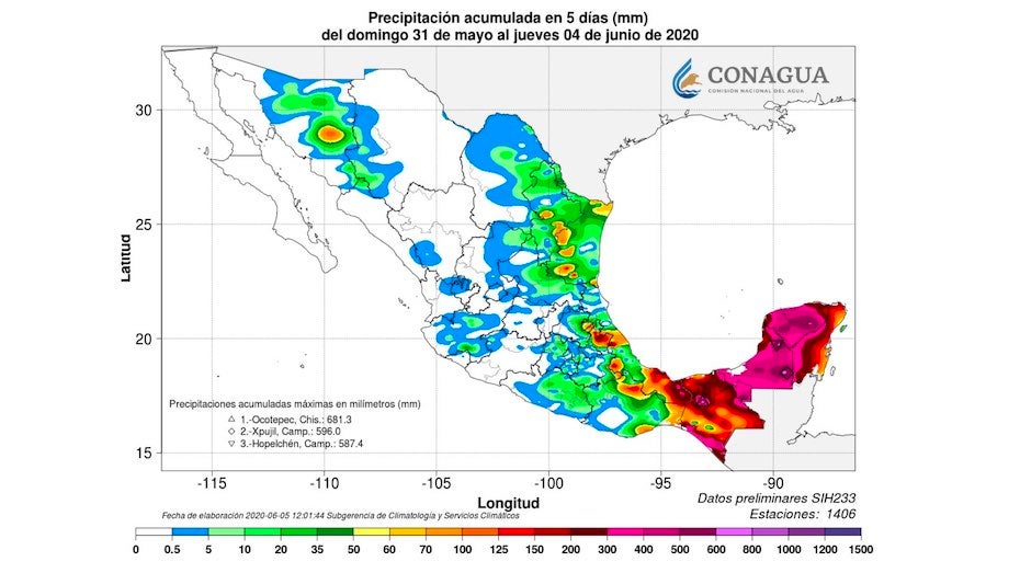 5-day precipitation totals in Mexico, 5/31/20-6/4/20