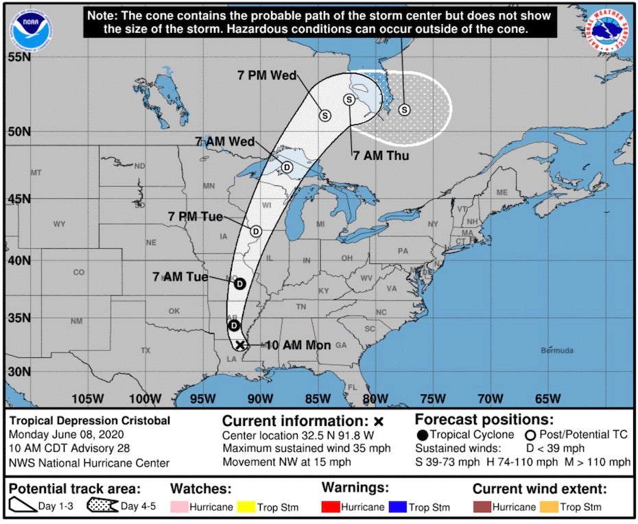Forecast for TD Cristobal as of 15Z 6/8/20