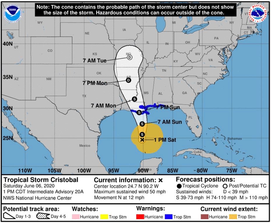 Forecast for TD Cristobal as of 15Z 6/6/20