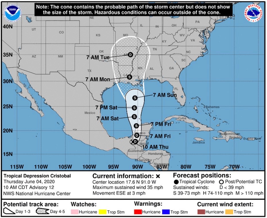 Forecast for TD Cristobal as of 15Z 6/4/20