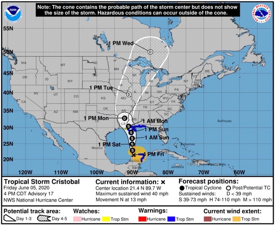 Forecast for TS Cristobal as of 21Z 6/5/20