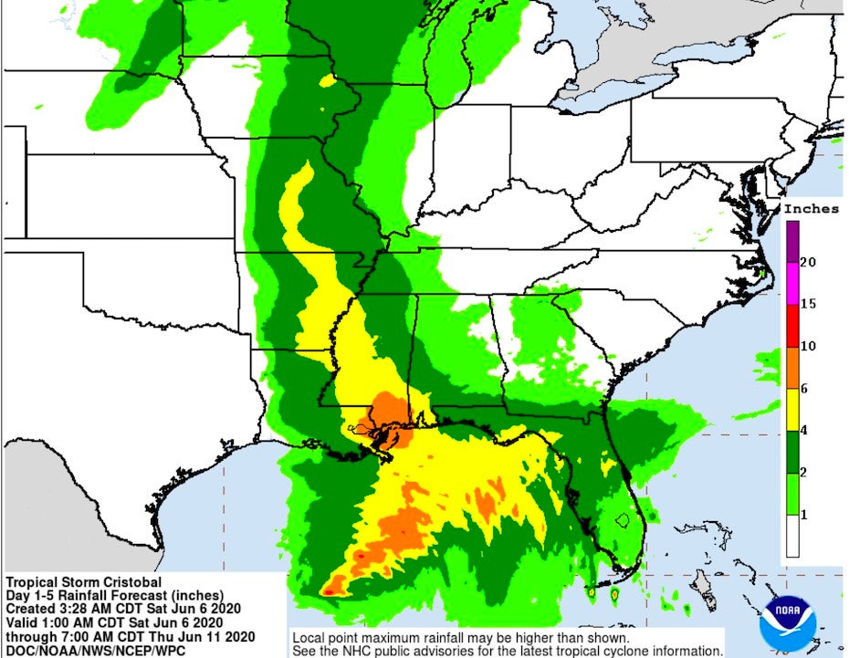 Rain forecast for Cristobal, 6Z 6/6/20