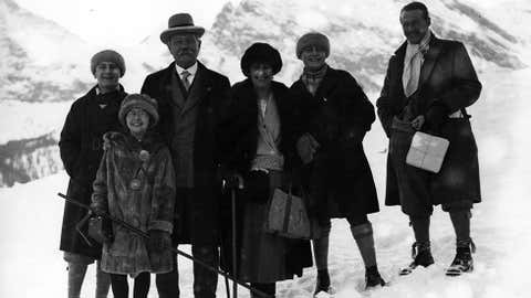 British writer Arthur Conan Doyle with a party of friends on a winter holiday, circa 1910. (Hulton Archive/Getty Images)