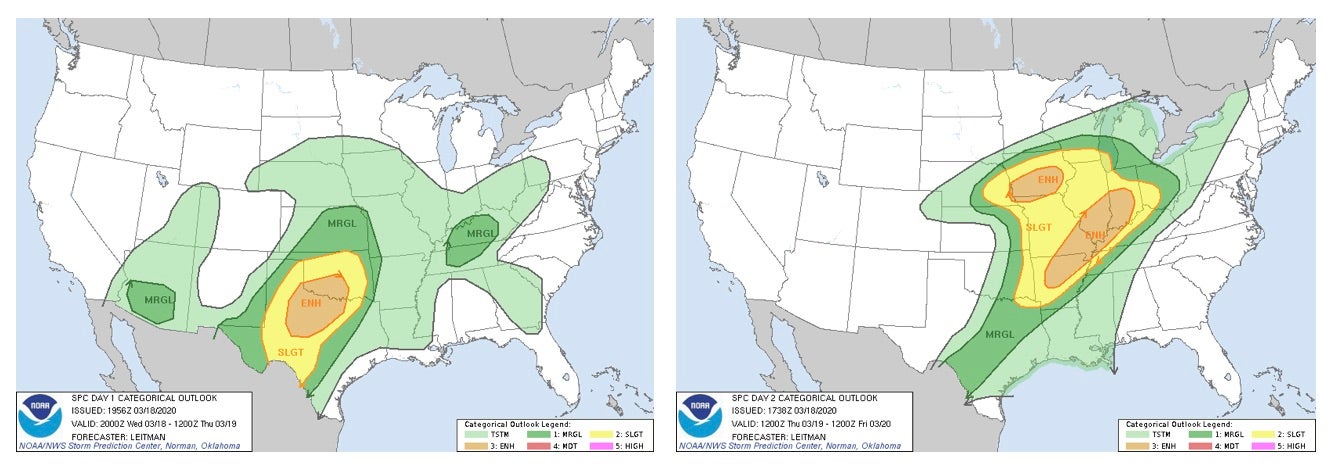 SPC convective outlook issued at midday on 3/18/20 for 3/19 and 3/20