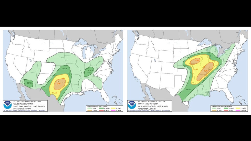 SPC convective outlook issued at midday on 3/18/20 for 3/19 and 3/20