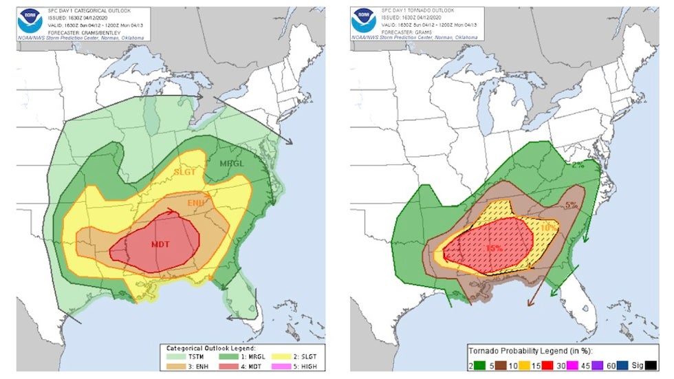 Severe weather outlook for Sun. 4/12/20 issued at 12:30 pm EDT