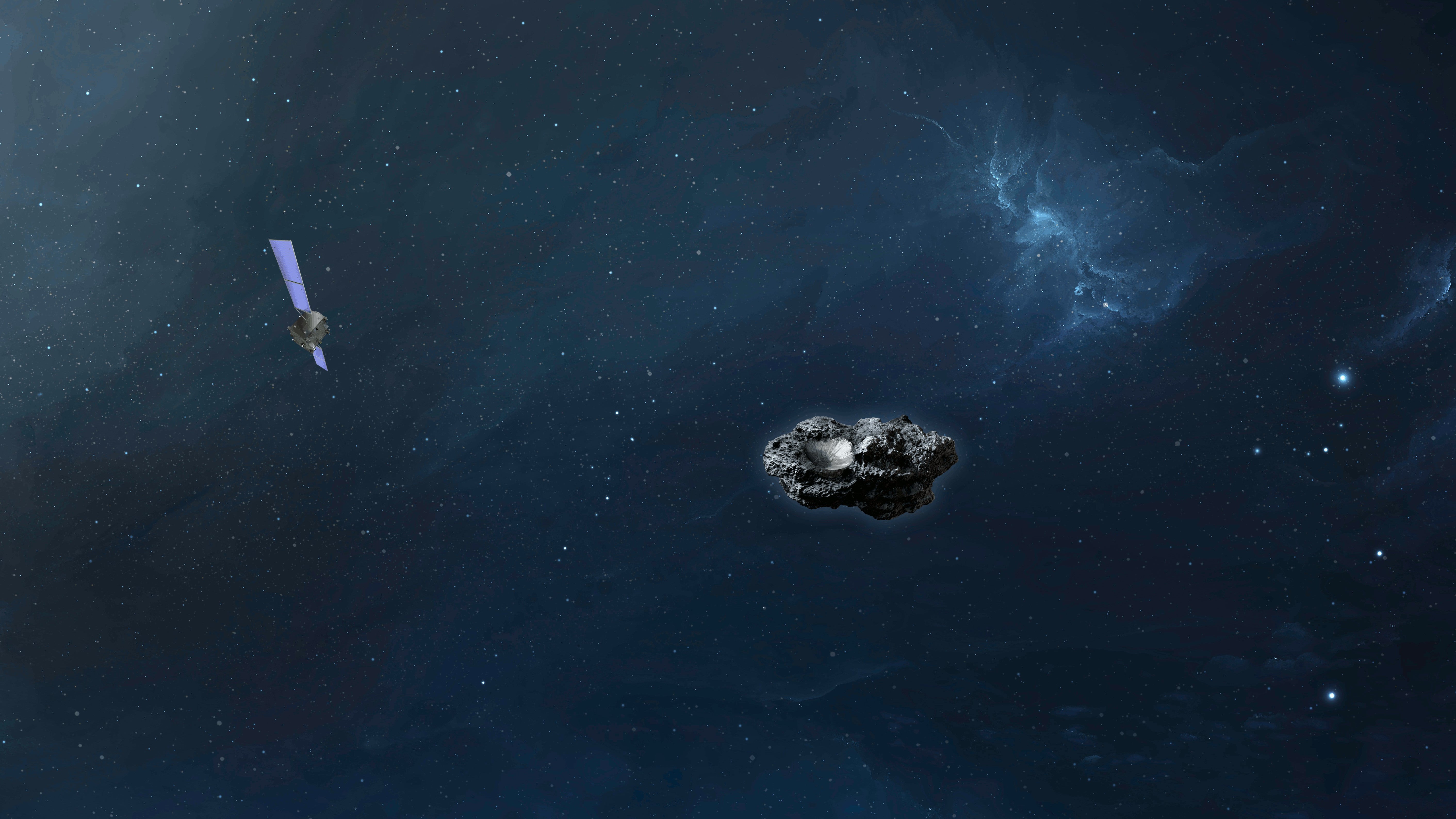 Die Computersimulation zeigt die Sonde "Hera" im Anflug auf den Asteroiden Didymoon. (zu dpa &laquo;Gef&auml;hrliche Brocken aus dem All: Beschuss von Asteroid geplant&raquo;) Foto: Mark Fittock OHB/OHB SE/dpa - ACHTUNG: Nur zur redaktionellen Verwendung im Zusammenhang mit der aktuellen Berichterstattung und nur mit vollst&auml;ndiger Nennung des vorstehenden Credits +++ dpa-Bildfunk +++