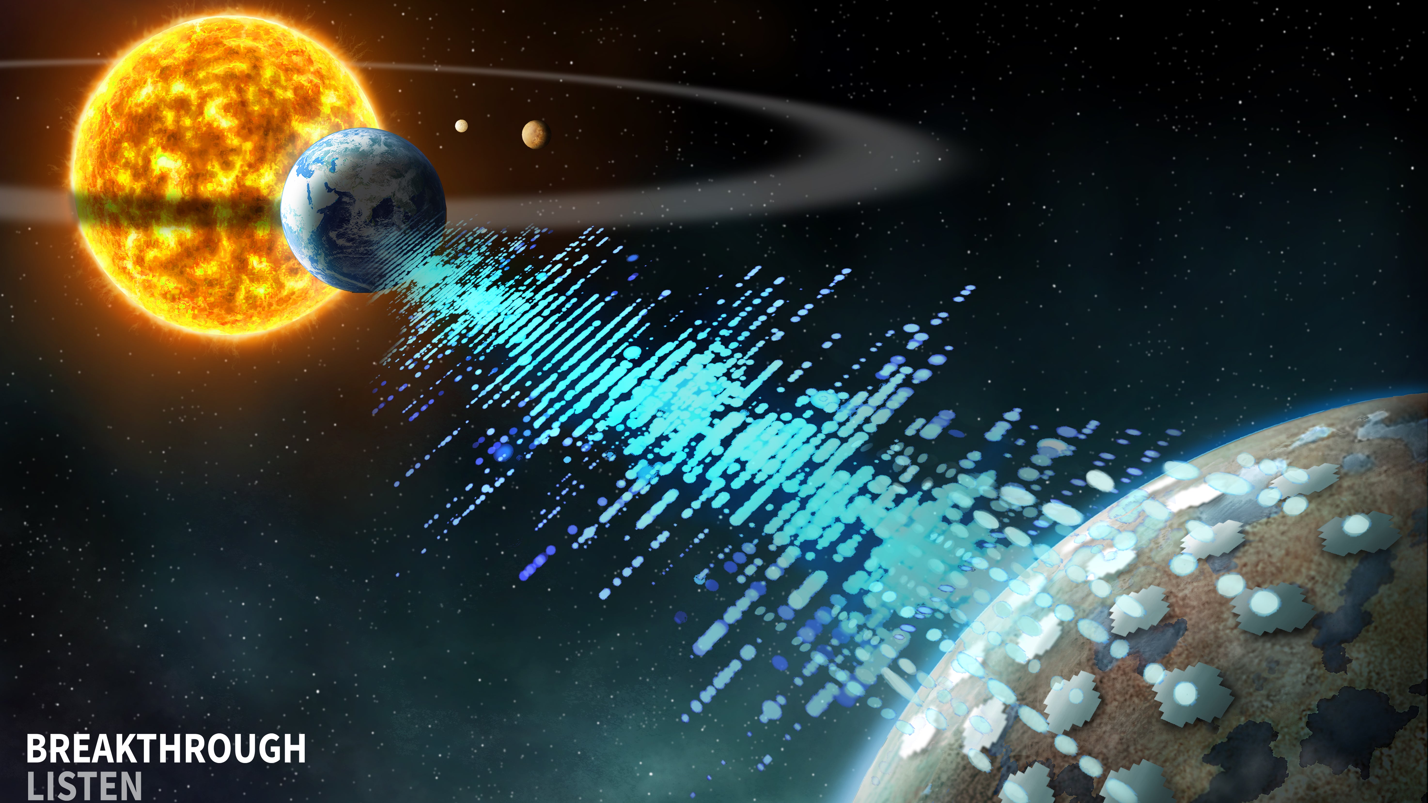 Eine grafische Darstellung zeigt als m&ouml;gliches Szenario einen Himmelsk&ouml;rper (r) mit einer fremden Zivilisation, die, nachdem sie die Erde (M) beobachtet hatte, Nachrichten an diese sendet. Hinten links im Bild ist unsere Sonne. 