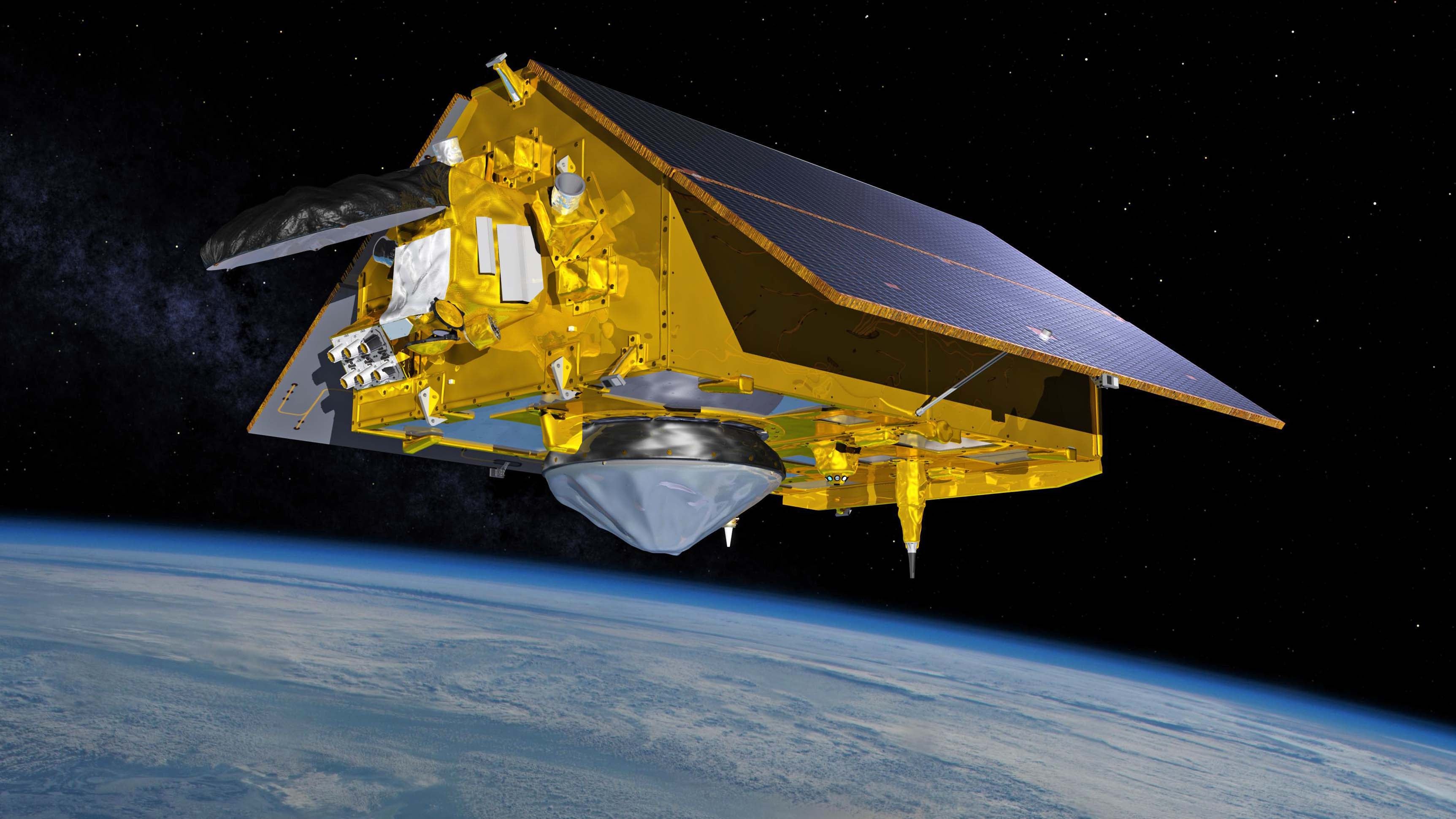 HANDOUT - 20.10.2020, ---: Der Erdbeobachtungssatellit Sentinel-6 Michael Freilich schwebt mit ausgefahrenen Solarpaneelen im Orbit &cedil;ber der Erde (undatierte Illustration). &acute;Sentinel 6 Michael Freilich&ordf; scannt nach Angaben der europ&permil;ischen Raumfahrtagentur Esa innerhalb von zehn Tagen 95 Prozent der globalen Meeresoberfl&permil;che - aus einer H&circ;he von mehr als 1300 Kilometern millimetergenau. (zu dpa "Satellitenstart: Genauer Blick auf die Meere aus groﬂer Entfernung") Foto: NASA/dpa - ACHTUNG: Nur zur redaktionellen Verwendung und nur mit vollst&permil;ndiger Nennung des vorstehenden Credits +++ dpa-Bildfunk +++