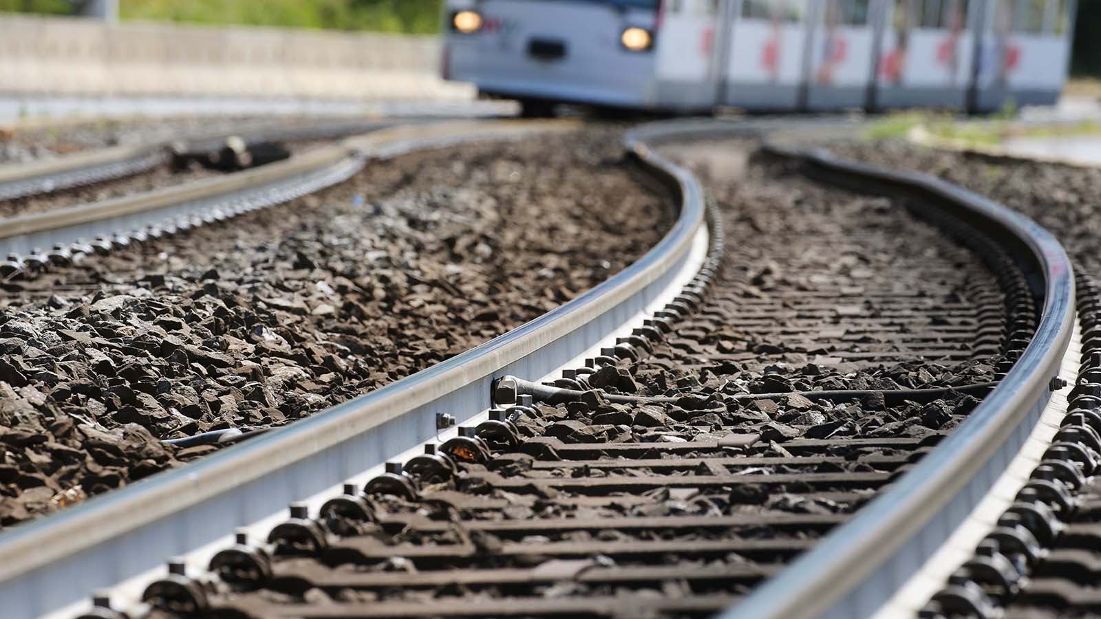 ARCHIV - 27.06.2019, Bayern, W&cedil;rzburg: Mit weiﬂer Farbe gestrichen sind die Straﬂenbahnschienen der Linie 5 &cedil;ber eine Strecke von gut einem Kilometer. Heiﬂe Sommer sind in Groﬂst&permil;dten manchmal unertr&permil;glich. Gerade zwischen Beton und Asphalt staut sich die Hitze. (zu dpa "Hitzekampf im St&permil;dtebau") Foto: Karl-Josef Hildenbrand/dpa +++ dpa-Bildfunk +++