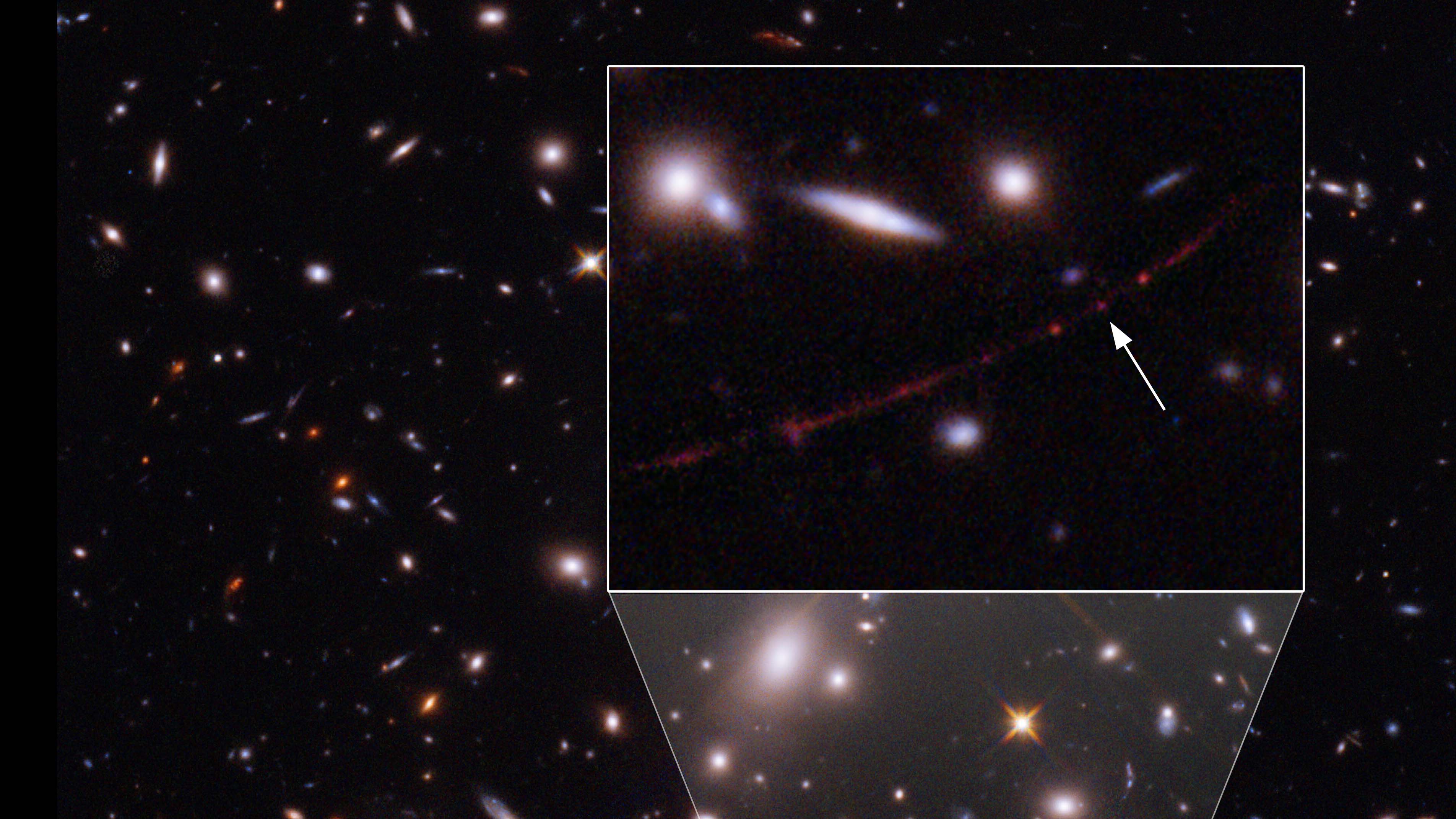 HANDOUT - 31.03.2022, ---: Der Stern mit dem Namen &laquo;Earendel&raquo; (hier mit einem Pfeil gekennzeichnet) liegt hinter einem Galaxienhaufen, der als Gravitationslinse dient. Sie verst&auml;rkt das Licht des 12,9 Milliarden Lichtjahre entfernten Sterns um mehr als das Tausendfache. (zu dpa &laquo;Rekord: &laquo;Hubble&raquo; entdeckt 12,9 Milliarden Lichtjahre entfernten Stern&raquo;; Aufnahmedatum unbekannt) Foto: Space Telescope Science Institut/ESA/Hubble/dpa - ACHTUNG: Nur zur redaktionellen Verwendung im Zusammenhang mit der aktuellen Berichterstattung und nur mit vollst&auml;ndiger Nennung des vorstehenden Credits +++ dpa-Bildfunk +++