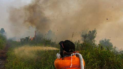 Ein Feuerwehrmann kämpft gegen die Waldbrände in Kampar, Indonesien