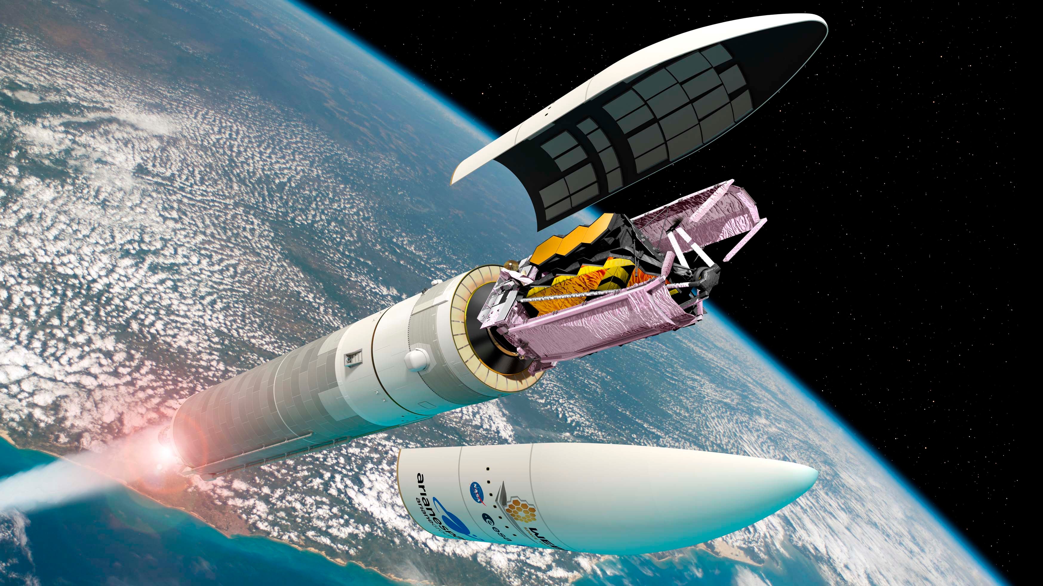 HANDOUT - 14.12.2021, ---: K&uuml;nstlerische Darstellung des &laquo;James-Webb&raquo;-Weltraumteleskops, zusammengefaltet in der &laquo;Ariane 5&raquo;-Rakete beim Start vom europ&auml;ischen Weltraumbahnhof in Franz&ouml;sisch-Guayana. Der Entstehungsweg von &laquo;James Webb&raquo; war lang und steinig, aber jetzt soll das bislang gr&ouml;&szlig;te und leistungsf&auml;higste Weltraumteleskop endlich starten. (zu dpa "&laquo;Markiert neue Zeitrechnung&raquo;: &laquo;James Webb&raquo;-All-Teleskop soll starten") Foto: D. Ducros/ESA/dpa - ACHTUNG: Nur zur redaktionellen Verwendung im Zusammenhang mit der aktuellen Berichterstattung und nur mit vollst&auml;ndiger Nennung des vorstehenden Credits +++ dpa-Bildfunk +++