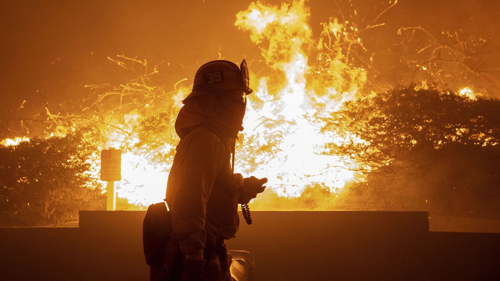 11.10.2019, USA, Los Angeles: Ein Feuerwehrmann geht im Stadtteil Sylmar an brennenden B&auml;umen vorbei. Nach absichtlichen Stromabschaltungen wegen erh&ouml;hter Waldbrandgefahr haben in Nordkalifornien Hunderttausende Menschen im Dunkeln gesessen. Foto: Michael Owen Baker/AP/dpa 