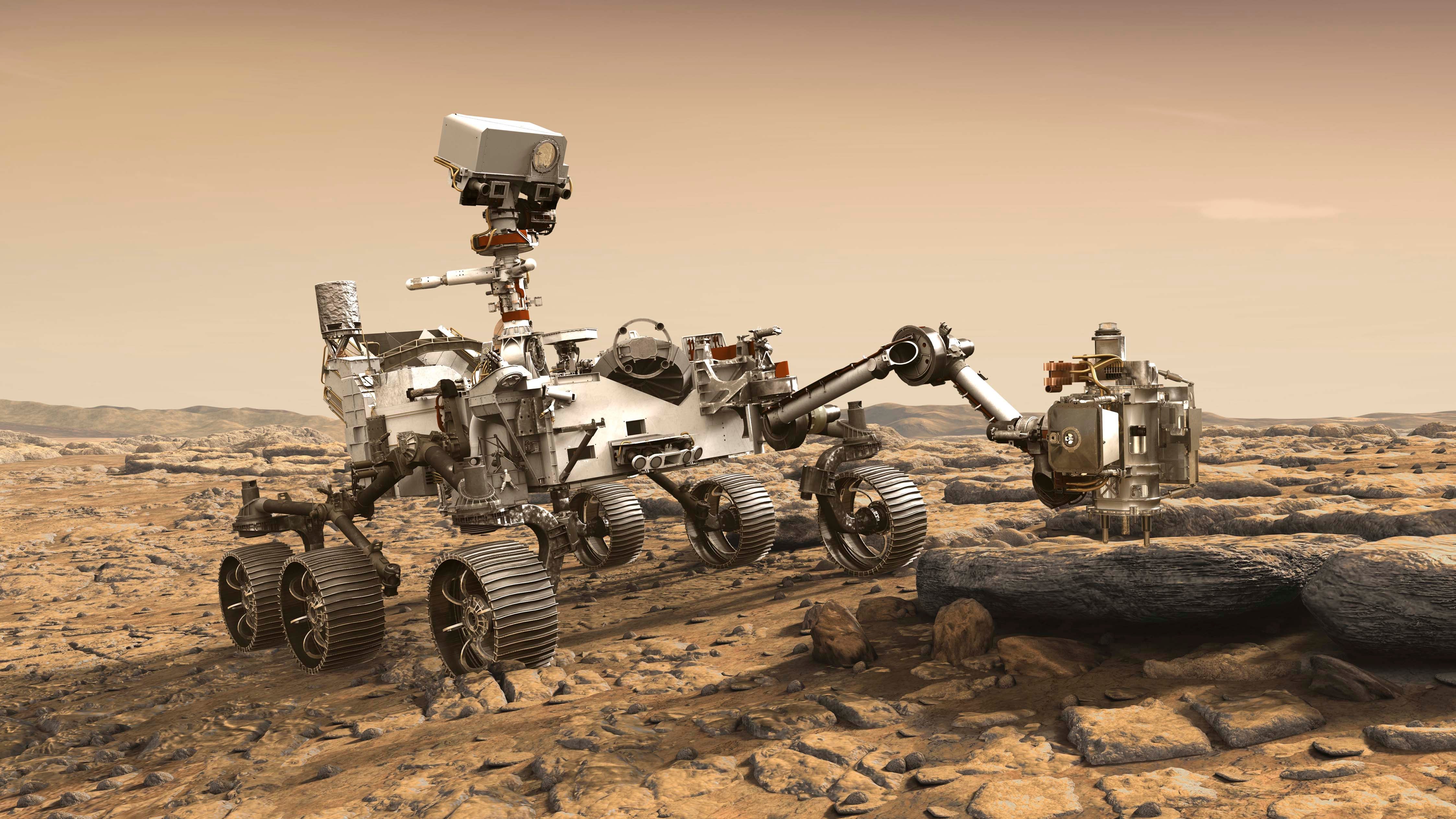 In this illustration made available by NASA, the Mars 2020 Perseverance rover studies a Mars rock outrcrop. (NASA/JPL-Caltech via AP)