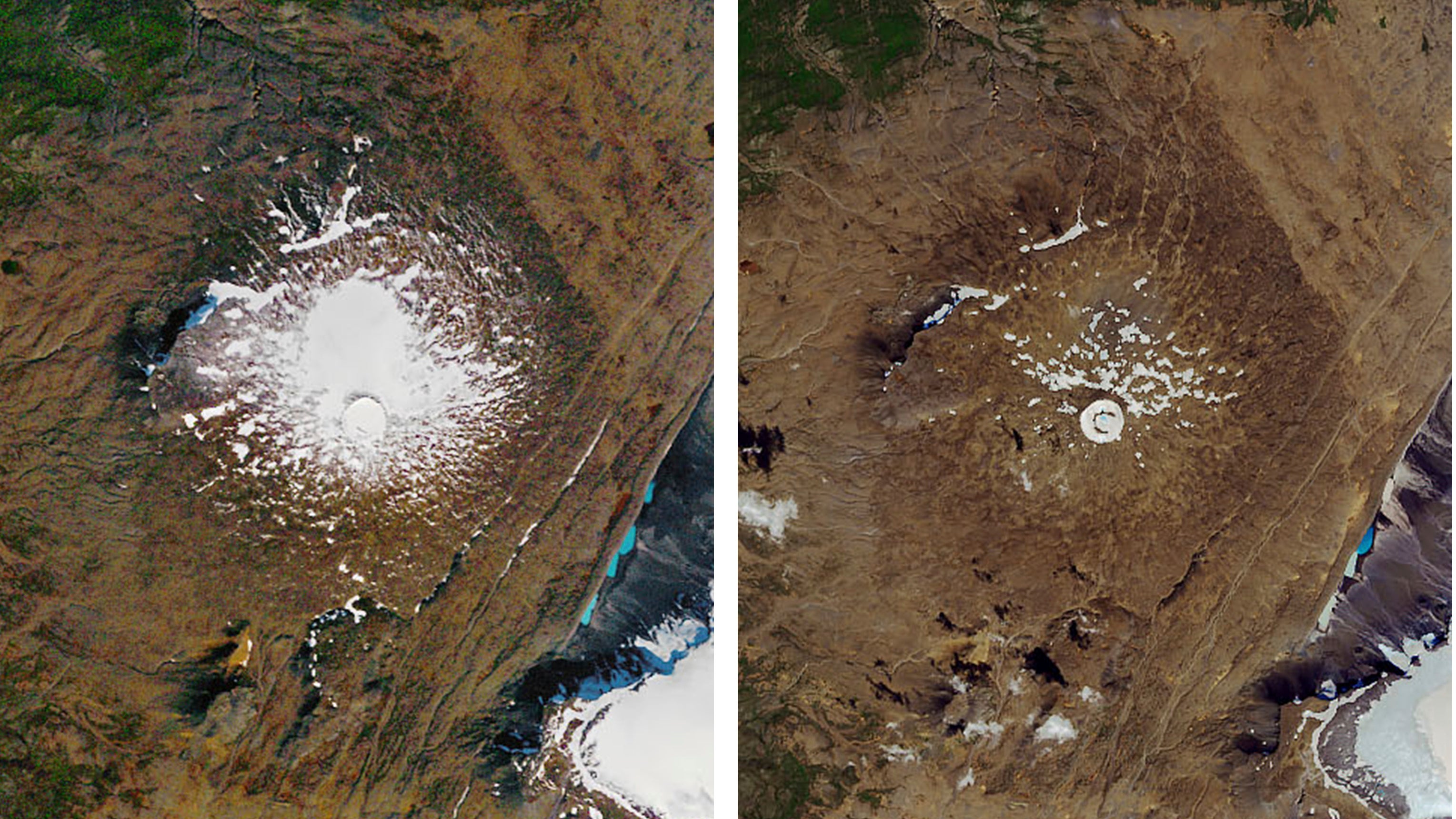 Linkes Bild: 14. September 1986. Luftaufnahme des damals noch existierenden Okj&ouml;kull-Gletscher auf dem Gipfel des Vulkans Ok. Rechtes Bild: 1. August 2019. Vom geschrumpften und nicht mehr existierenden Gletscher ist nur ein kleiner Fleck aus Eis &uuml;brig geblieben.
