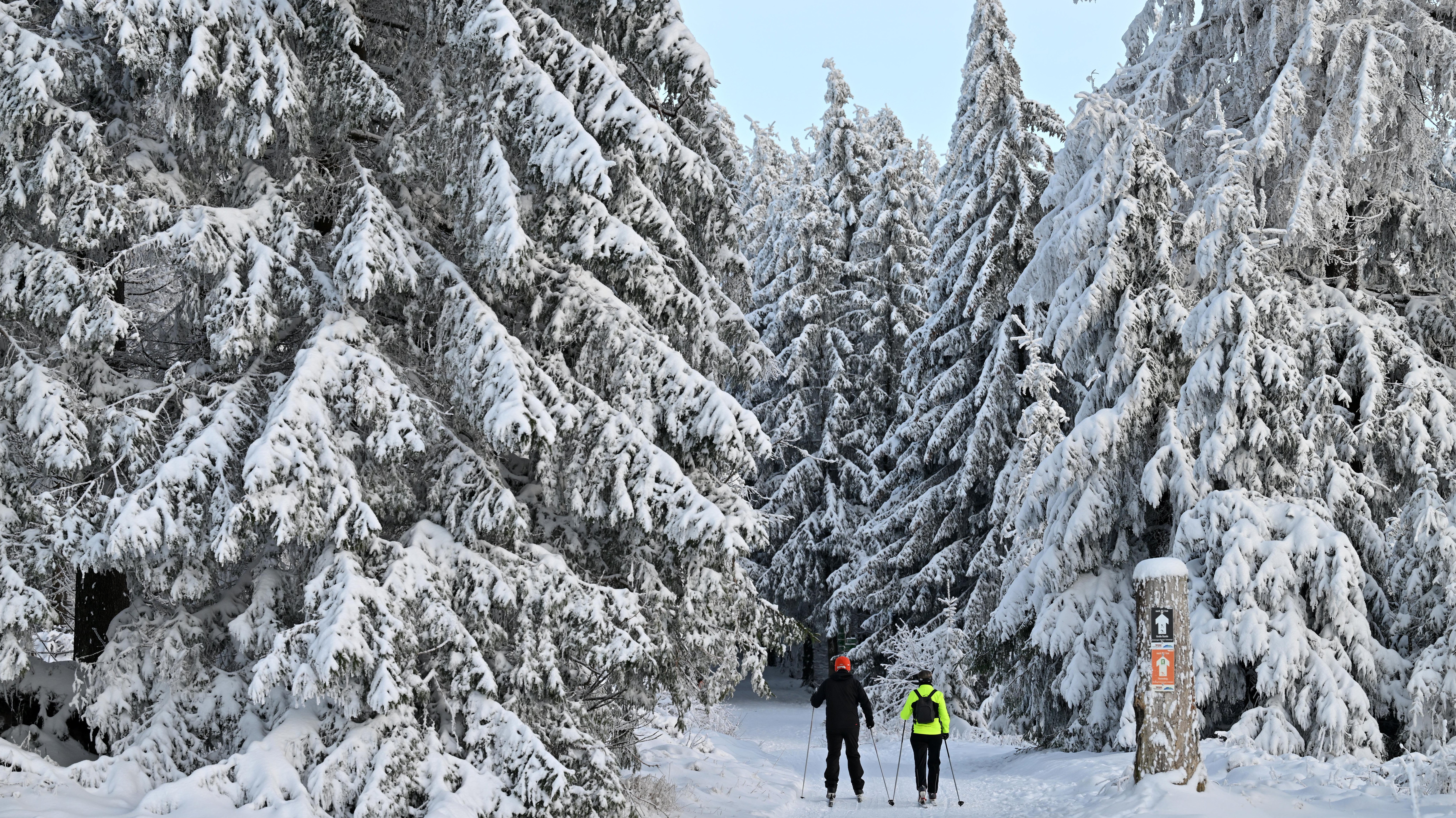 ARCHIV - 12.12.2022, Th&uuml;ringen, Oberhof: Zwei Personen waten durch den Schnee im Th&uuml;ringer Wald in Oberhof. (zu dpa: &laquo;B&auml;ume brechen unter Schneelast - Sch&auml;den in h&ouml;heren Lagen&raquo;) Foto: Martin Schutt/dpa +++ dpa-Bildfunk +++