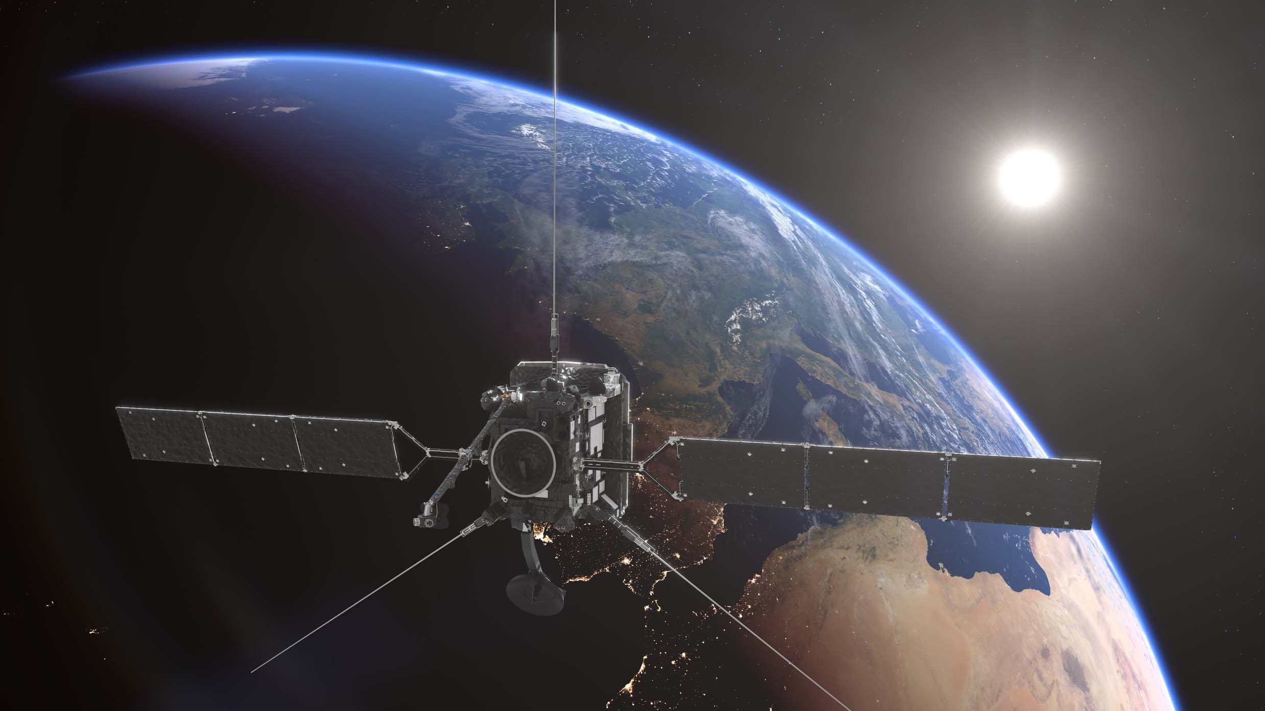 HANDOUT - 24.11.2021, ---: K&uuml;nstlerische Darstellung von der Forschungssonde &laquo;Solar Orbiter&raquo; bei einem Vorbeiflug an der Erde. Die Raumsonde &laquo;Solar Orbiter&raquo; wird vor ihrer Reise zum Zentrum unseres Sonnensystems noch ein letztes Mal zur Erde zur&uuml;ckkehren. (zu dpa "&laquo;Solar Orbiter&raquo; kehrt noch einmal zur Erde zur&uuml;ck") Foto: ESA/ATG medialab/dpa - ACHTUNG: Nur zur redaktionellen Verwendung und nur mit vollst&auml;ndiger Nennung des vorstehenden Credits +++ dpa-Bildfunk +++