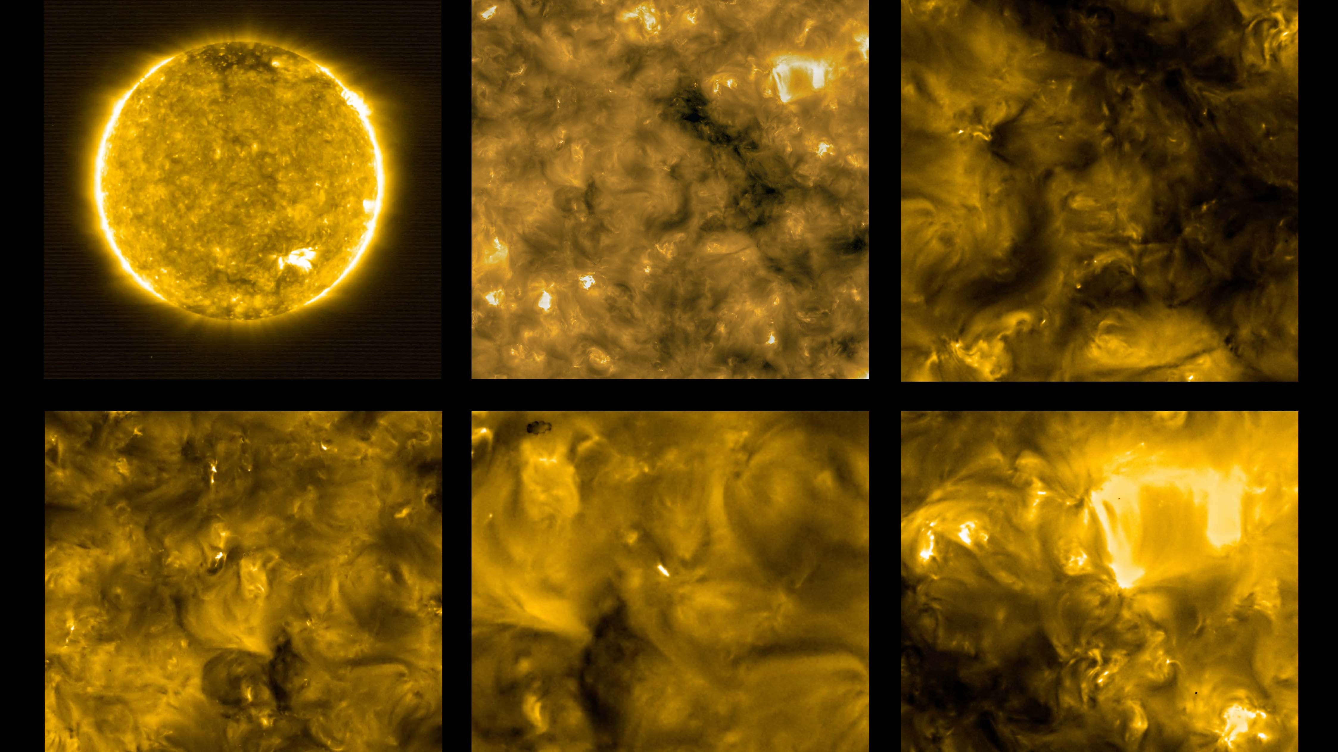 HANDOUT - 30.05.2020, ---, --: Solar Orbiter's erster Blick auf die Sonne. Der Extreme Ultraviolet Imager (EUI) auf dem Raumsonde Solar Orbiter der ESA hat diese Bilder am 30. Mai 2020 aufgenommen. Sie zeigen das Bild der Sonne bei einer Wellenl&permil;nge von 17 Nanometer, was im extremen ultravioletten Bereich des elektromagnetischen Spektrums liegt. Bilder bei dieser Wellenl&permil;nge zeigen die obere Atmosph&permil;re der Sonne, die Korona, mit einer Temperatur von etwa 1 Million Grad. EUI nimmt mit dem Full Sun Imager (FSI) -Teleskop vollst&permil;ndige Bilder der Sonne (oben links) sowie mit dem HRIEUV-Teleskop hochaufl&circ;sende Bilder auf. Am 30. Mai befand sich der Solar Orbiter ungef&permil;hr auf halber Strecke zwischen Erde und Sonne, was bedeutet, dass er n&permil;her an der Sonne war als jedes andere Solarteleskop jemals zuvor. Dadurch konnte EUI Merkmale in der Sonnenkorona mit einem Durchmesser von nur 400 km erkennen. W&permil;hrend die Mission fortgesetzt wird, wird Solar Orbiter n&permil;her an die Sonne heranr&cedil;cken und dies wird das Aufl&circ;sungsverm&circ;gen des Instruments bei n&permil;chster Ann&permil;herung um den Faktor zwei erh&circ;hen. Schon vorher enth&cedil;llen diese Bilder jedoch eine Vielzahl kleiner aufflammender Schleifen, die helle Flecken und dunkle, sich bewegende Fibrillen ausbrechen. Ein allgegenw&permil;rtiges Merkmal der Sonnenoberfl&permil;che, das zum ersten Mal durch diese Bilder offenbart wurde, wurde als "Lagerfeuer" (campfires) bezeichnet. Es handelt sich um allgegenw&permil;rtige Miniaturausbr&cedil;che, die zu den hohen Temperaturen der Sonnenkorona und dem Ursprung des Sonnenwinds beitragen k&circ;nnten. Die Farbe auf diesem Bild wurde k&cedil;nstlich hinzugef&cedil;gt, da die vom Instrument erfasste urspr&cedil;ngliche Wellenl&permil;nge f&cedil;r das menschliche Auge unsichtbar ist. Die im Februar in den USA&dagger;gestartete Raumsonde &acute;Solar Orbiter&ordf; hat ihre zehn wissenschaftlichen Instrumente an Bord in Betrieb genommen und erste Bilder von der Sonne gemacht. Die europ&permil;ische Raumfahrtagentur ESA will die ersten Aufnahmen am
