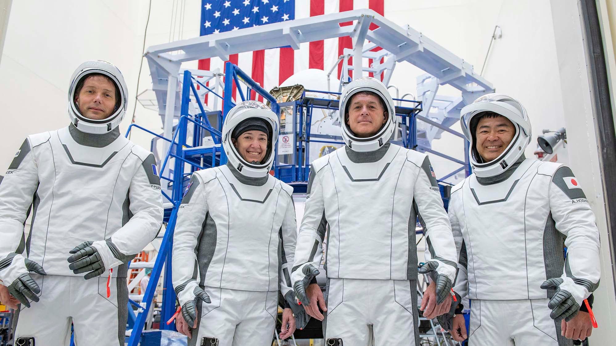 This undated photo made available by SpaceX in April 2021 shows the crew for its third astronaut launch to the International Space Station, during a training session at the SpaceX training facility in Hawthorne, Calif. From left are mission specialist Thomas Pesquet of the European Space Agency, pilot Megan McArthur and commander Shane Kimbrough of NASA, and mission specialist Akihiko Hoshide of the Japan Aerospace Exploration Agency. (SpaceX via AP)