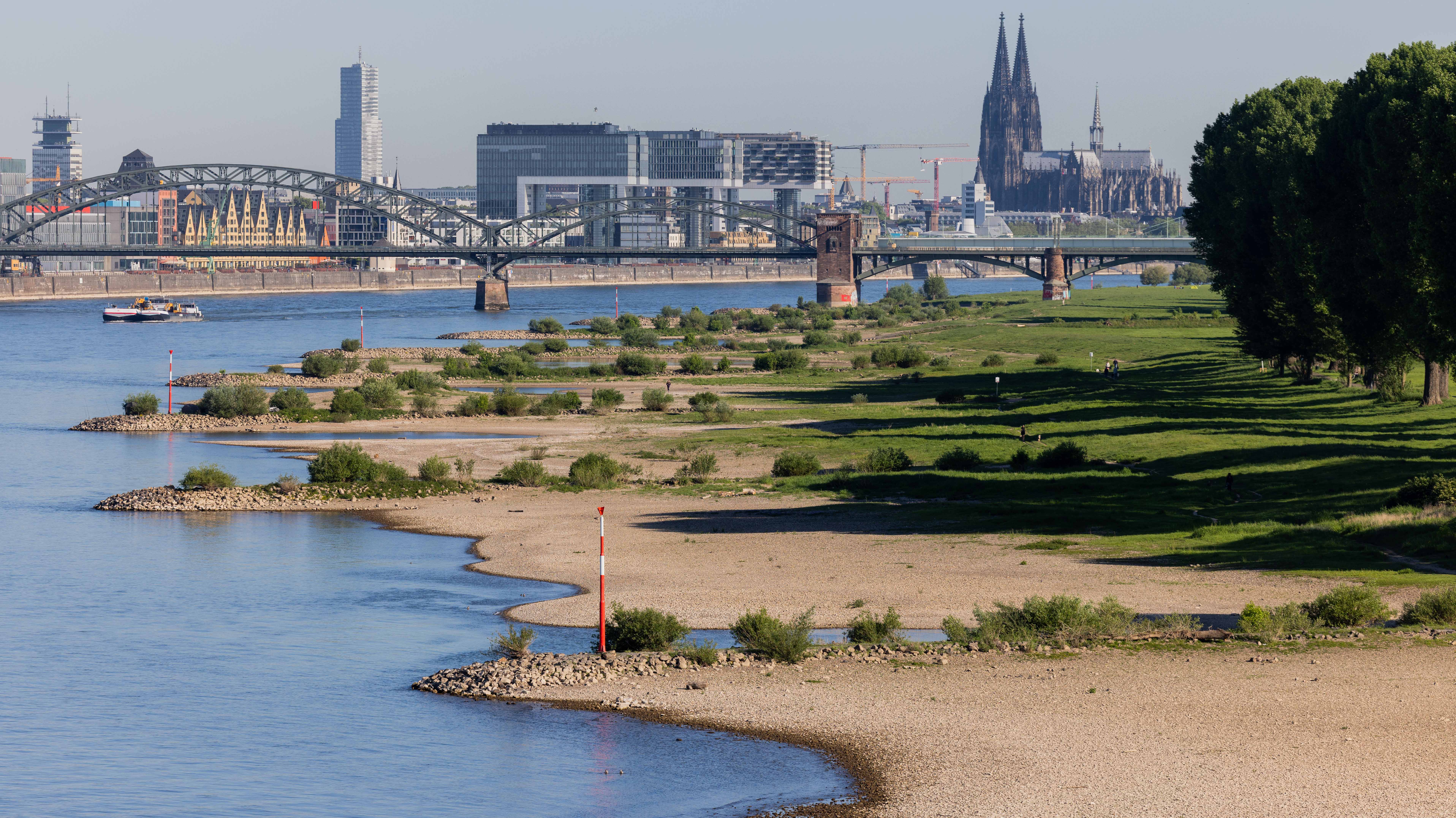 Blick auf den Rhein in K&ouml;ln. An 80 bis 90 Prozent aller Flusspegel in Deutschland herrscht zurzeit Niedrigwasser, auch schon im Fr&uuml;hjahr gab es ausgepr&auml;gte Trockenheitsperioden.