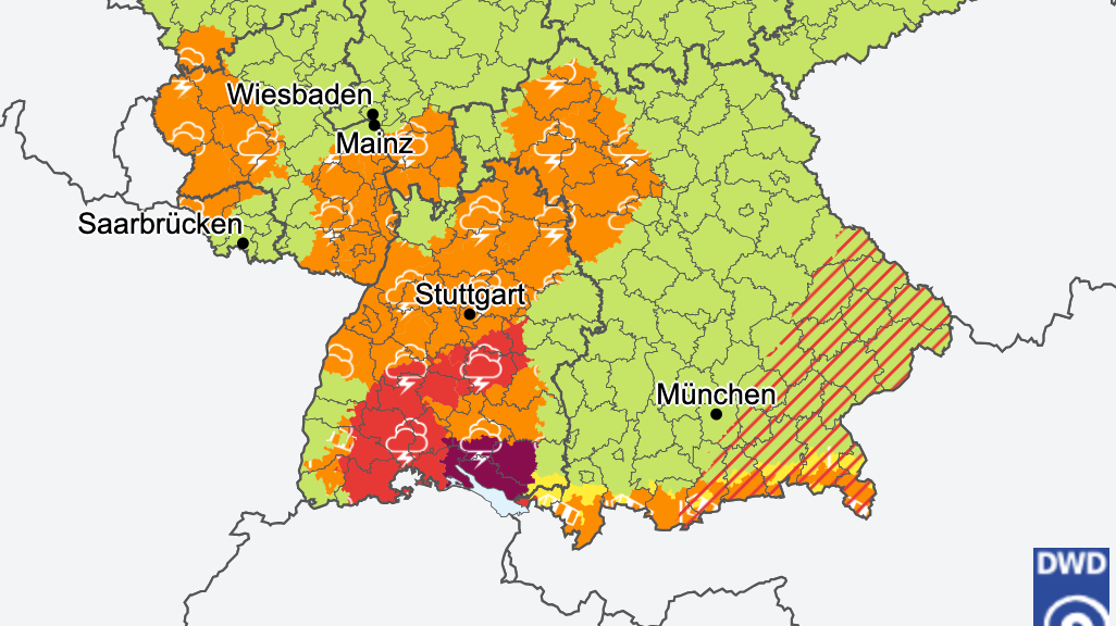 Der DWD warnt um 10.31 vor schweren Gewittern in mehreren Landkreisen (DWD)