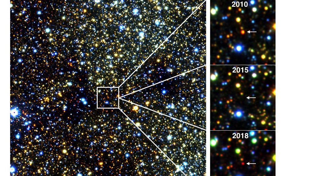 Infrarotbilder eines etwa 30.000 Lichtjahre entfernten roten Riesensterns in der N&auml;he des Zentrums unserer Milchstra&szlig;engalaxie, der im Laufe mehrerer Jahre verblasste und wieder auftauchte. Bei der Suche nach noch sehr jungen Sternen ist ein internationales Forschungsteam in der Zentralregion der Milchstra&szlig;e unerwartet auf eine neue Art von sehr alten Sternen gesto&szlig;en. Sie sto&szlig;en dichte Wolken aus Staub aus und wurden von den Astronomen deshalb Alte Raucher getauft. (Philip Lucas/University of Hertfordshire/dpa)

