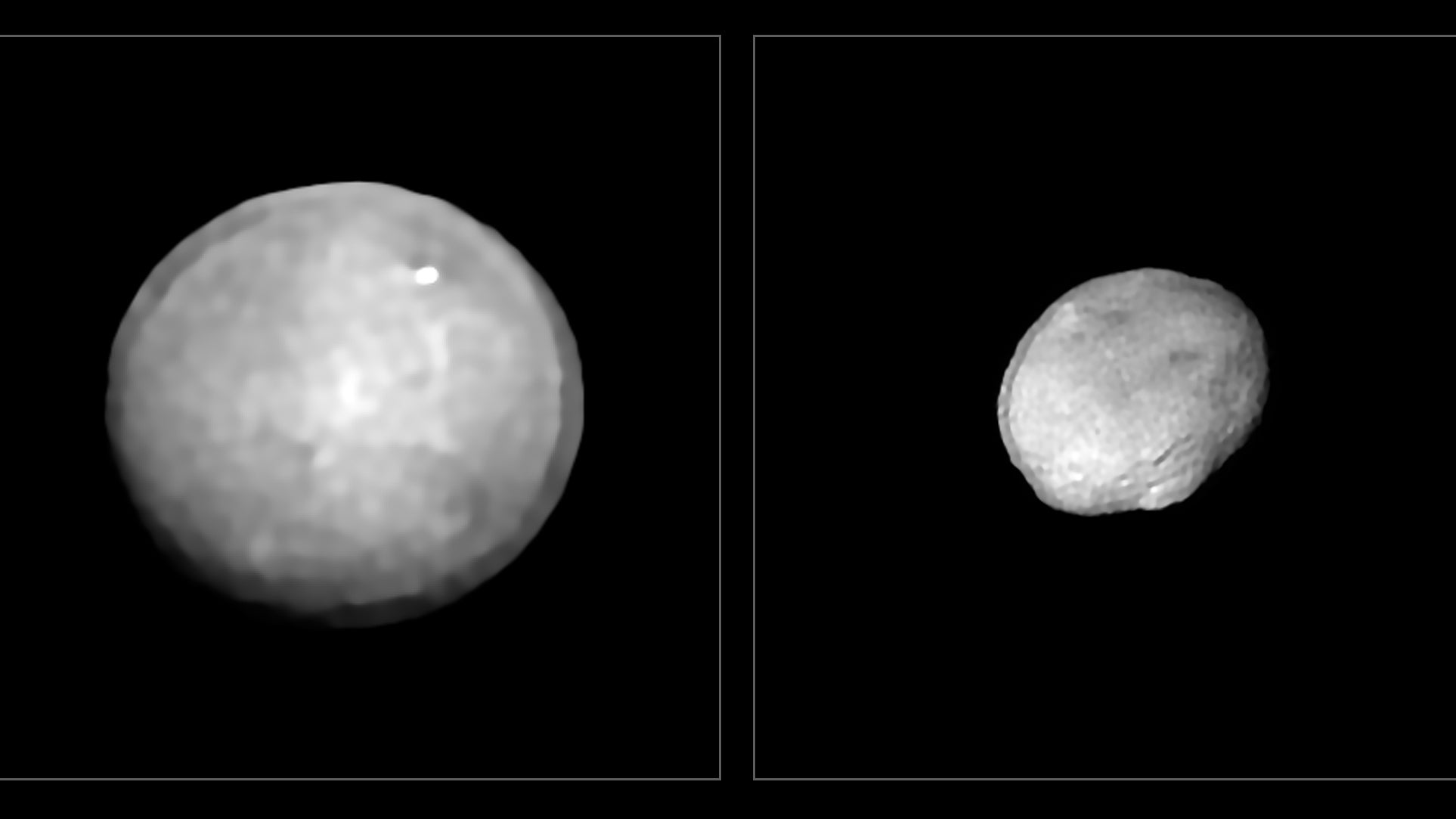 Diese Bilder, die mit dem SPHERE-Instrument (Spectro-Polarimetric High-contrast Exoplanet REsearch) am Very Large Telescope der ESO im Rahmen eines Programms aufgenommen wurden, das 42 der gr&ouml;&szlig;ten Asteroiden in unserem Sonnensystem untersuchte, zeigen Ceres (l) und Vesta, die beiden gr&ouml;&szlig;ten Objekte im Asteroideng&uuml;rtel zwischen Mars und Jupiter. (zu dpa &laquo;Kugeln und Knochen: Bilder geben Hinweise zu Herkunft von Asteroiden&raquo;) Foto: ESO/Vernazza et al./MISTRAL algorithm (ONERA/CNRS)/dpa - ACHTUNG: Nur zur redaktionellen Verwendung im Zusammenhang mit der aktuellen Berichterstattung und nur mit vollst&auml;ndiger Nennung des vorstehenden Credits +++ dpa-Bildfunk +++