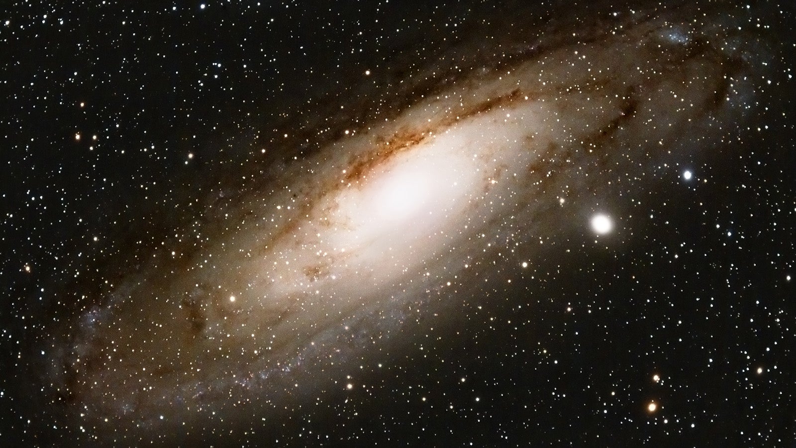 This is an high resolution picture of our neighbour galaxy, in the constellation Andromeda(also designated M31) .The galaxy at a distance of 2.25 million light-years consists of 200 billion stars.The image is taken with a Canon EOS 300 (modify for Astro images) in the in prime focus of professional refractor-telescope 600mm f/7.5 Exposure time is 80 minutes.